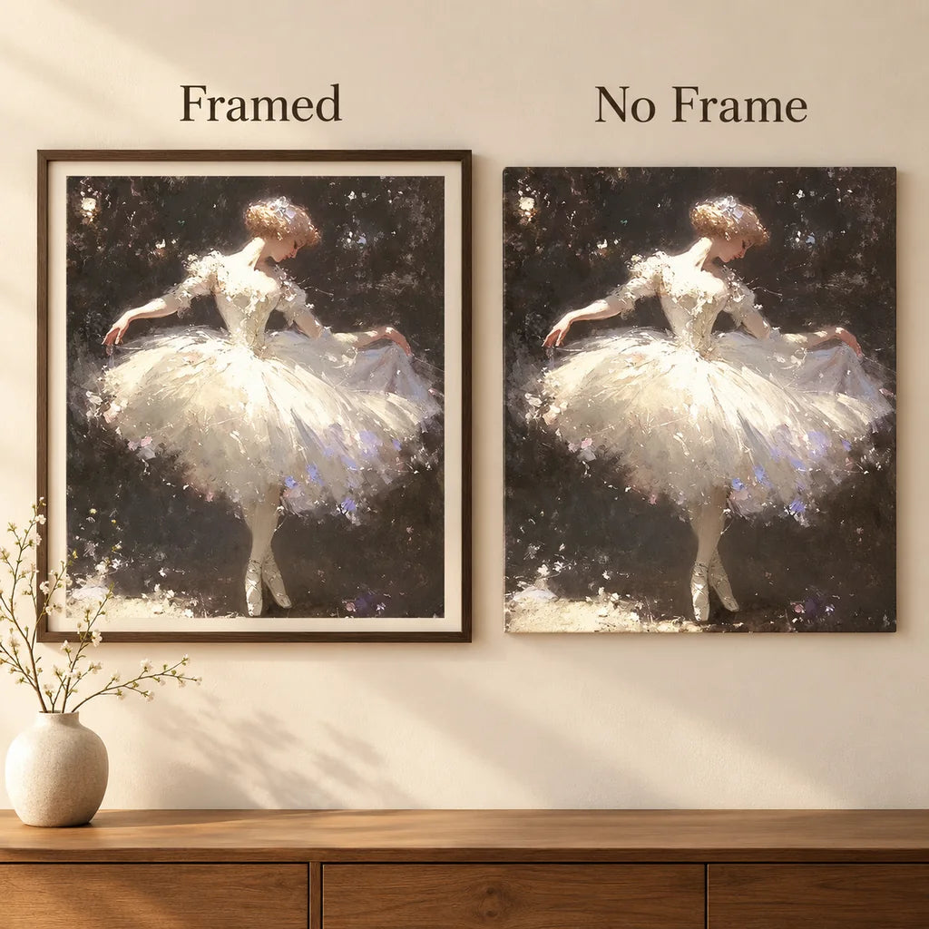 Framed and no-frame comparison for Ballet in the Dark Diamond Painting Kit.