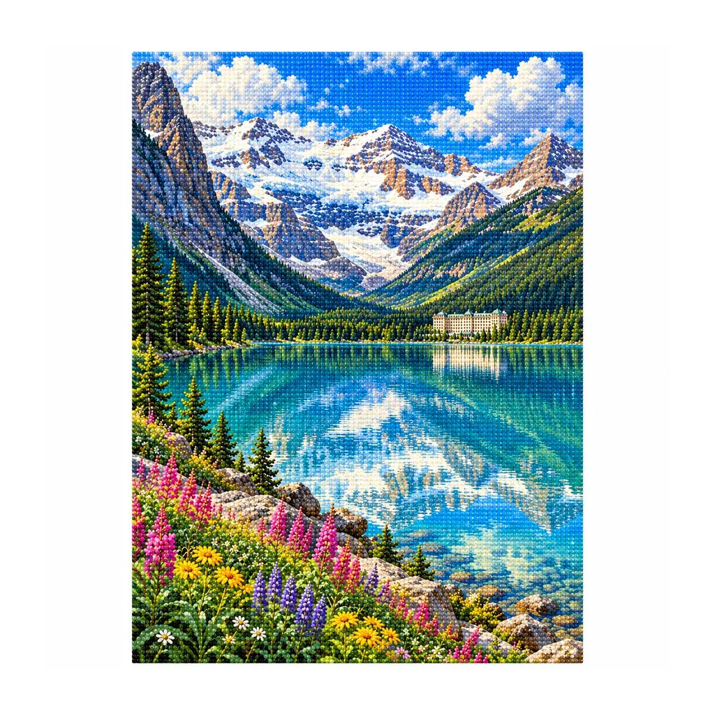 White-background finished diamond painting of Banff Lake Louise.
