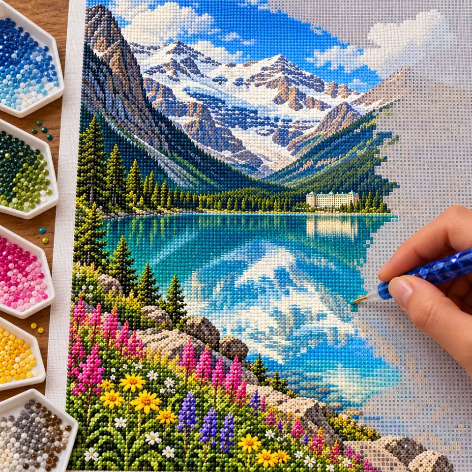 Hands placing diamond drills on the Banff Lake Louise design.