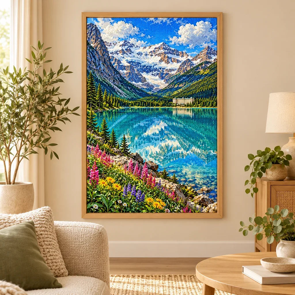 Framed Banff Lake Louise diamond painting displayed as home decor.