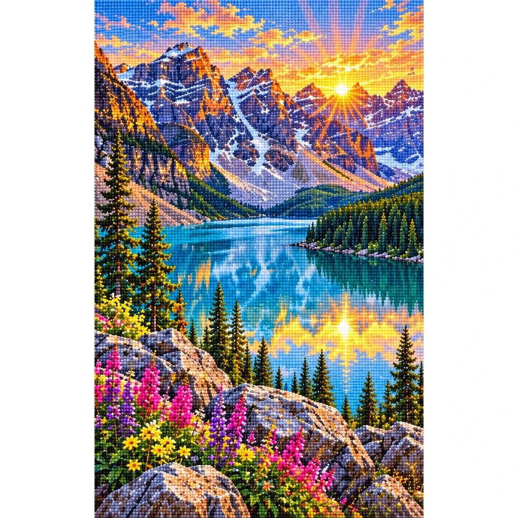 Banff Moraine Lake Sunrise finished diamond painting on white