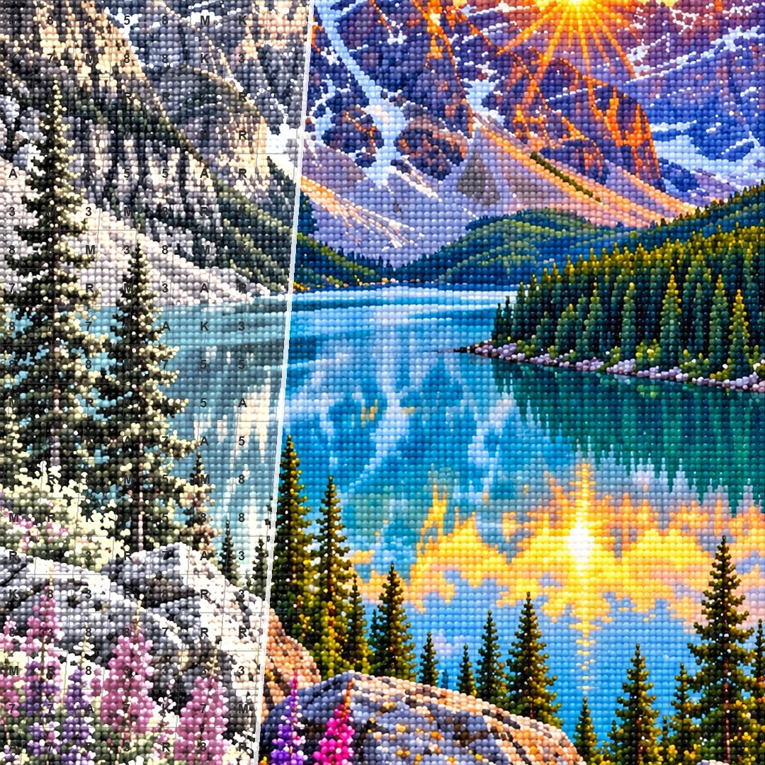 Banff Moraine Lake Sunrise canvas and resin drill detail
