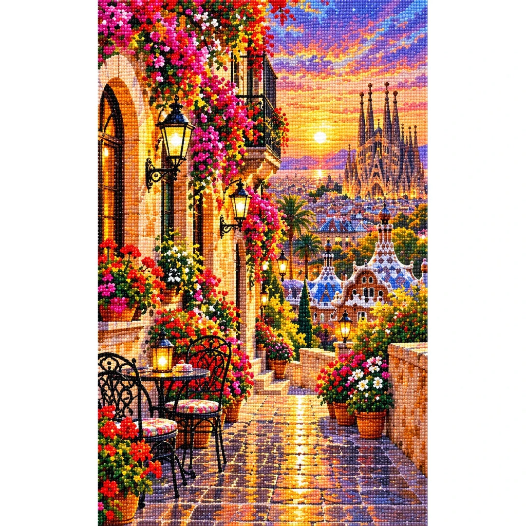 Barcelona Flower Balcony Evening finished diamond painting on white