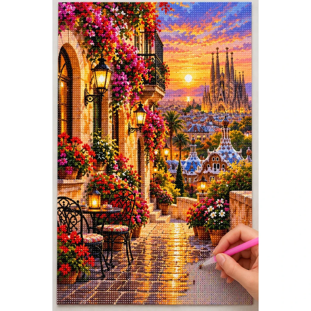 Barcelona Flower Balcony Evening diamond painting process