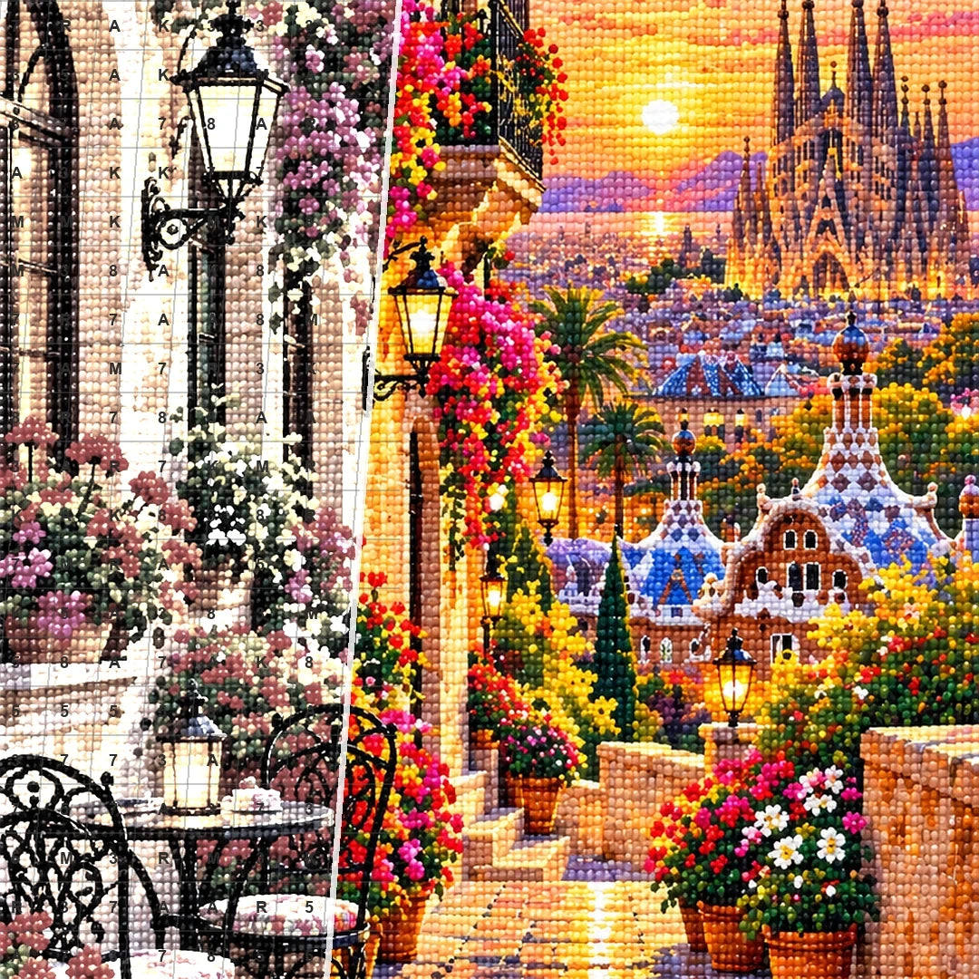 Barcelona Flower Balcony Evening canvas and resin drill detail