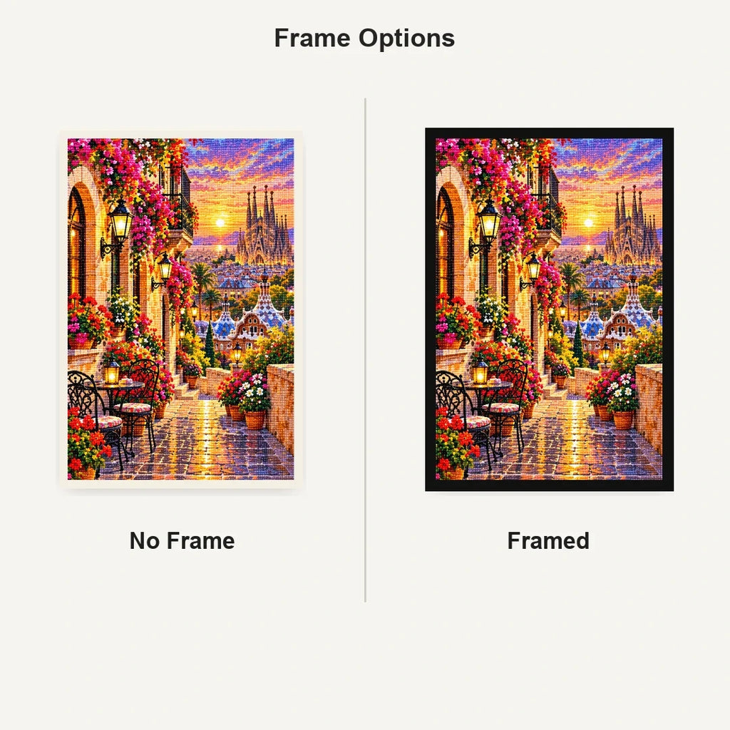 Barcelona Flower Balcony Evening No Frame and Framed comparison