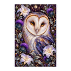 Original white-background artwork of Barn Owl Indigo Thistle Frame
