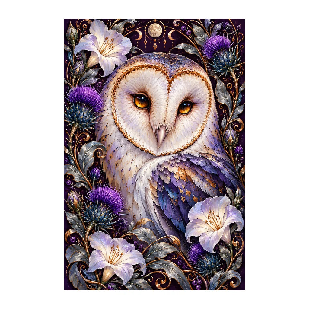 Original white-background artwork of Barn Owl Indigo Thistle Frame