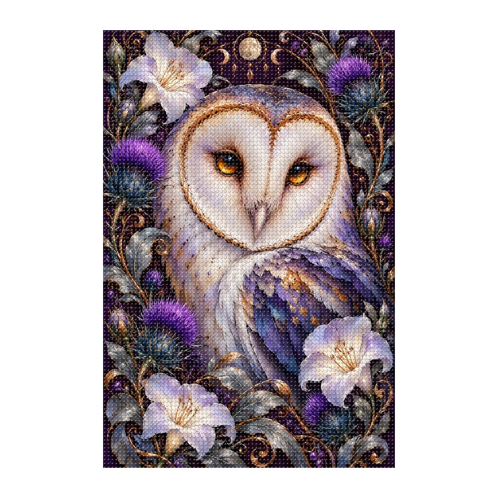Finished white-background diamond painting of Barn Owl Indigo Thistle Frame