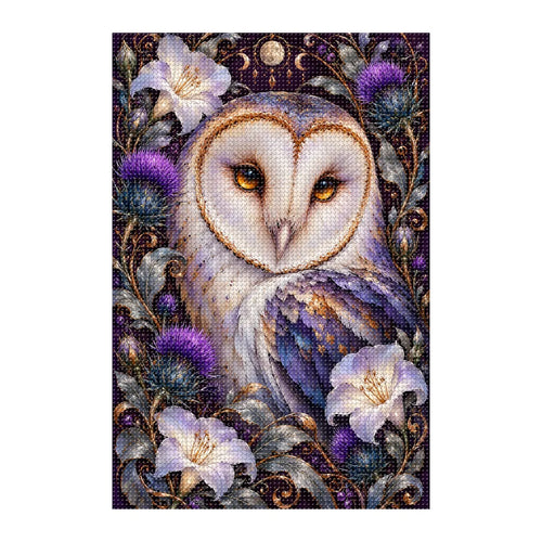 Finished white-background diamond painting of Barn Owl Indigo Thistle Frame