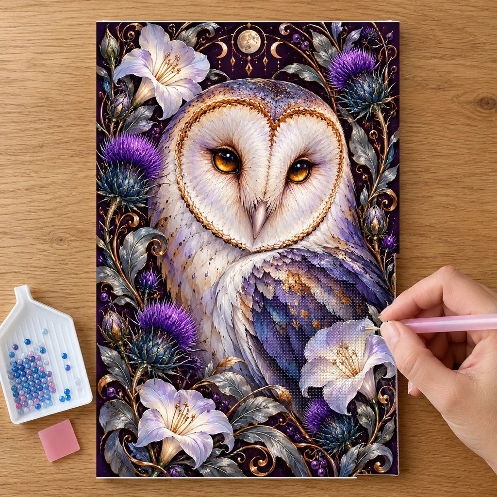 Hands placing drills on the Barn Owl Indigo Thistle Frame diamond painting canvas