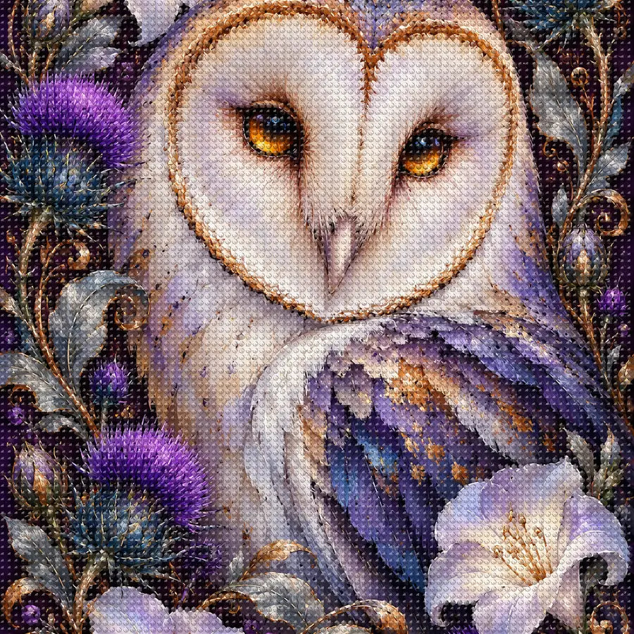 Close-up of sparkling drills on the Barn Owl Indigo Thistle Frame design