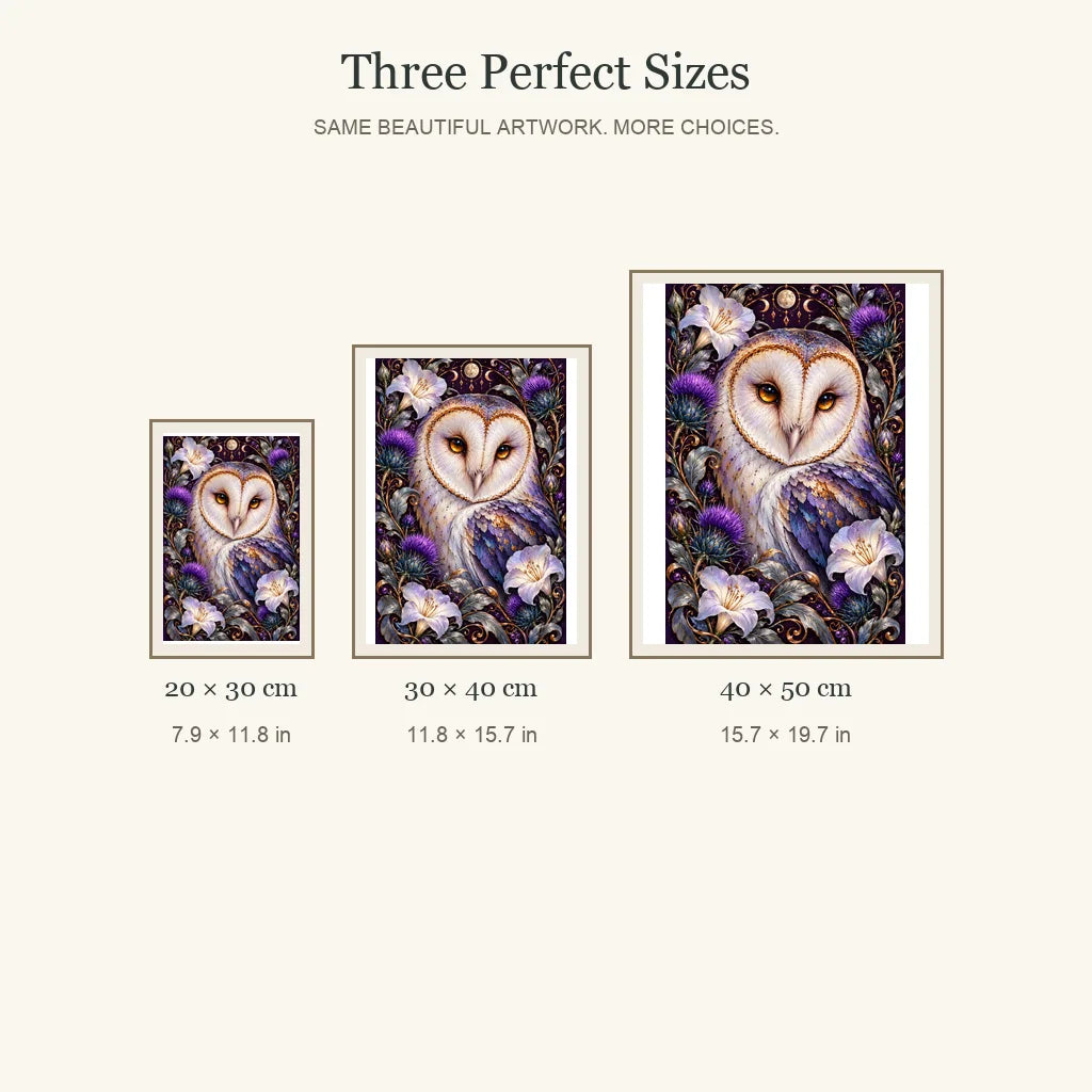 Barn Owl Indigo Thistle Frame diamond painting in 20 by 30, 30 by 40, and 40 by 50 centimeter sizes
