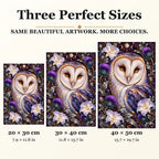 Barn Owl Indigo Thistle Frame diamond painting in 20 by 30, 30 by 40, and 40 by 50 centimeter sizes