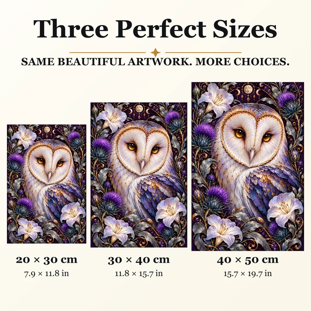 Barn Owl Indigo Thistle Frame diamond painting in 20 by 30, 30 by 40, and 40 by 50 centimeter sizes