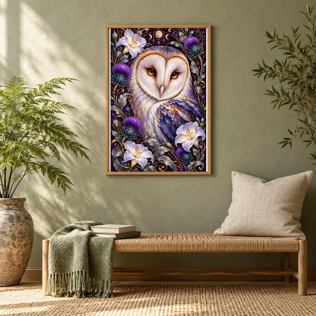 Framed Barn Owl Indigo Thistle Frame diamond painting displayed in a home interior
