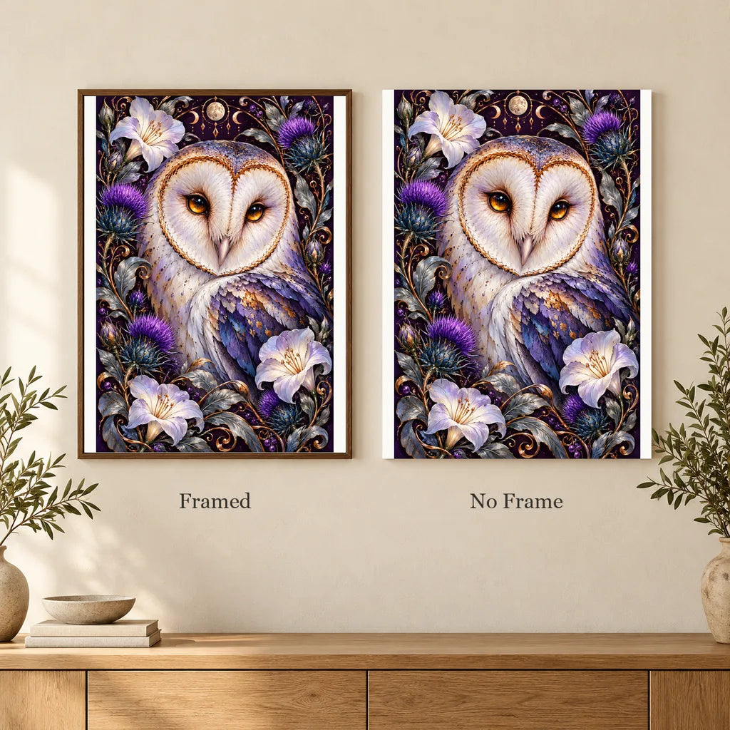 Framed and no-frame options for the Barn Owl Indigo Thistle Frame diamond painting