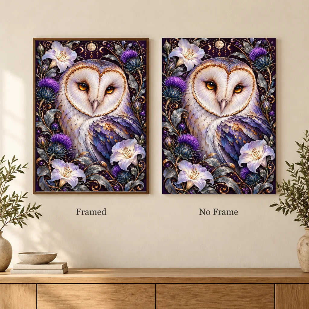 Framed and no-frame options for the Barn Owl Indigo Thistle Frame diamond painting