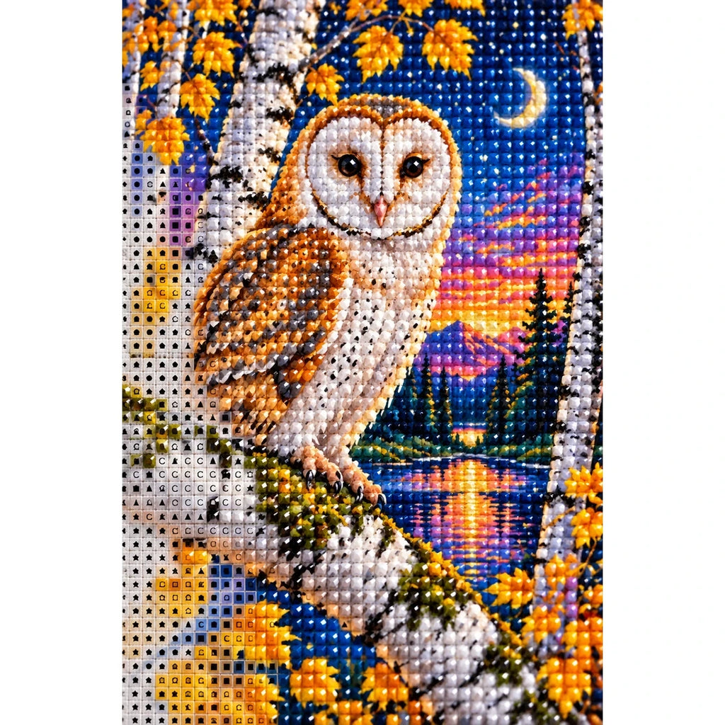 Barn Owl White Birch Twilight Diamond Painting Kit — canvas and drill material detail