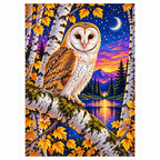 Barn Owl White Birch Twilight Diamond Painting Kit — finished diamond painting on white background