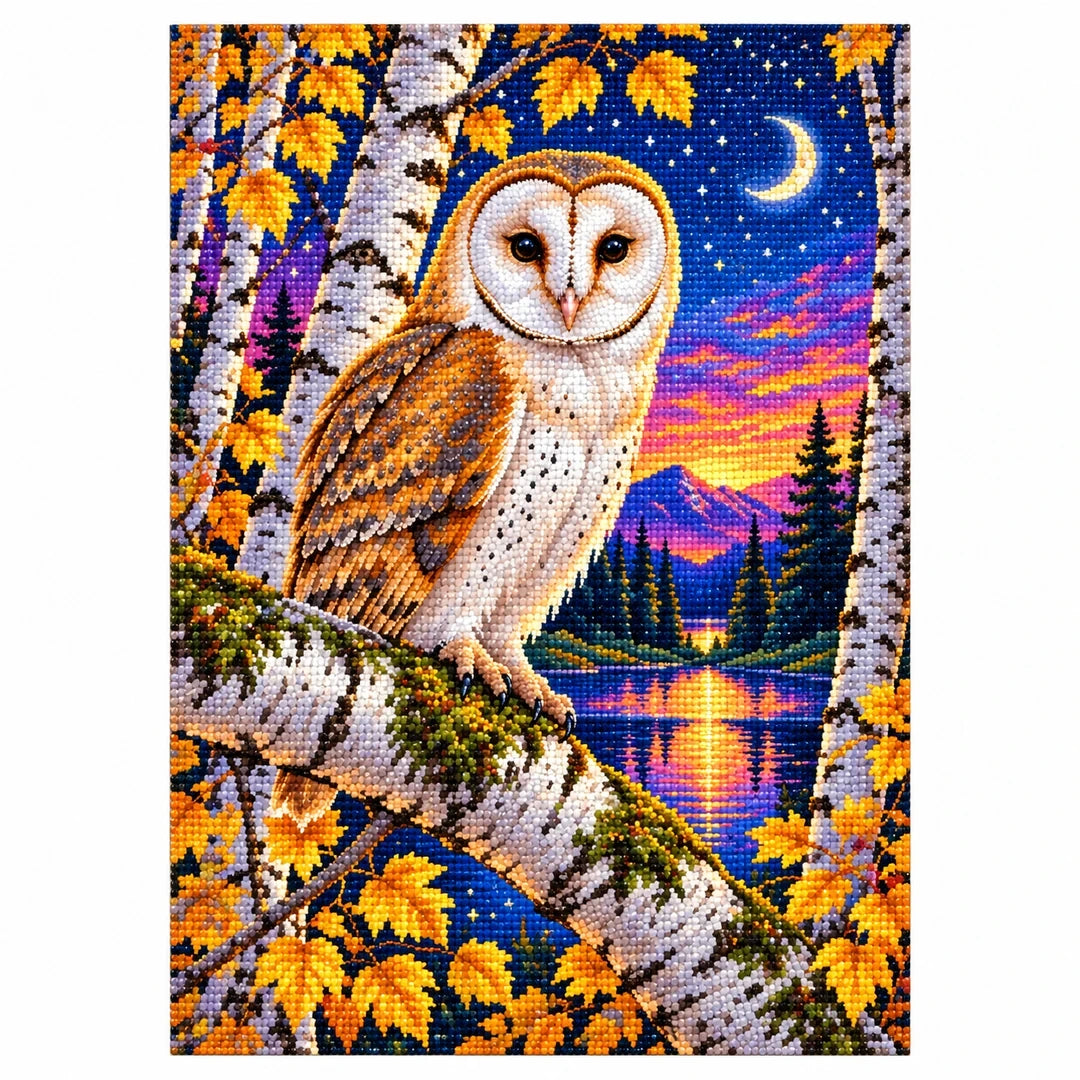 Barn Owl White Birch Twilight Diamond Painting Kit — finished diamond painting on white background