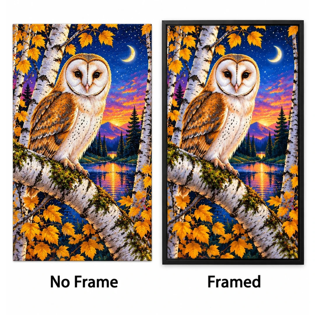 Barn Owl White Birch Twilight Diamond Painting Kit — No Frame and Framed style comparison