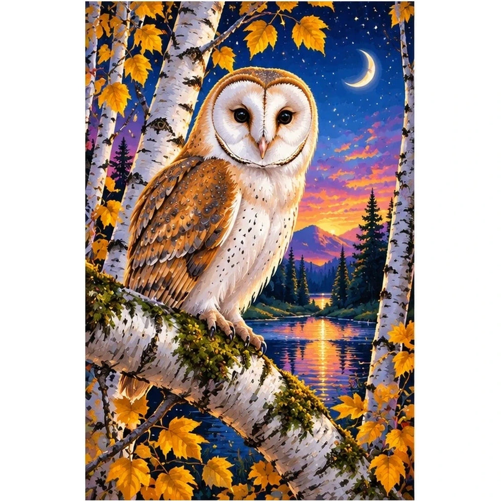 Barn Owl White Birch Twilight Diamond Painting Kit — original white-background artwork