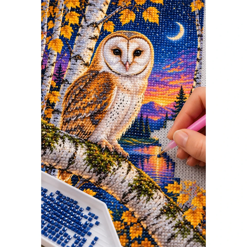 Barn Owl White Birch Twilight Diamond Painting Kit — diamond painting application process
