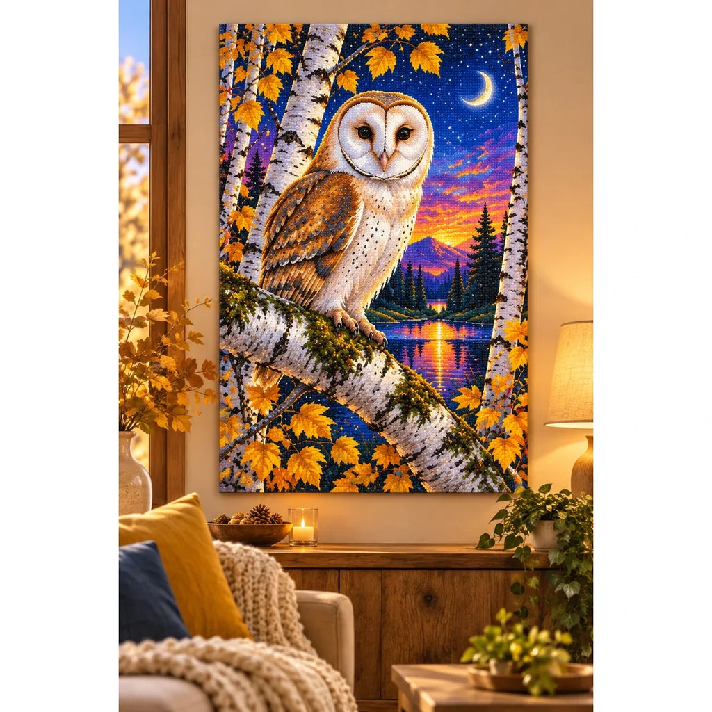 Barn Owl White Birch Twilight Diamond Painting Kit — finished diamond painting in a home setting