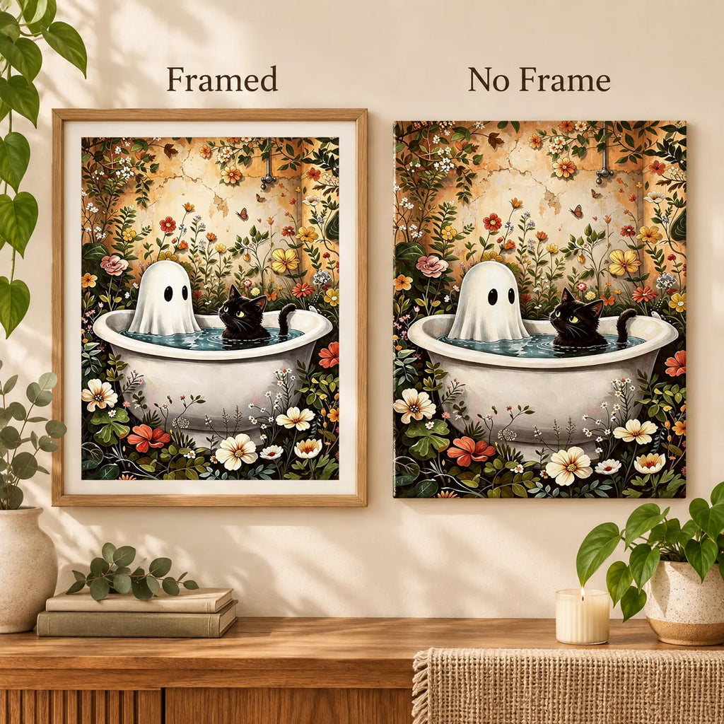 Framed and no-frame comparison for Bathtub Companions Diamond Painting Kit