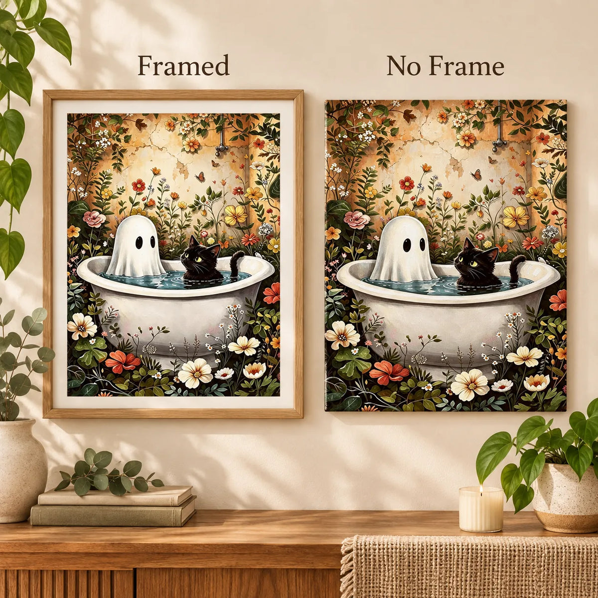 Framed and no-frame comparison for Bathtub Companions Diamond Painting Kit