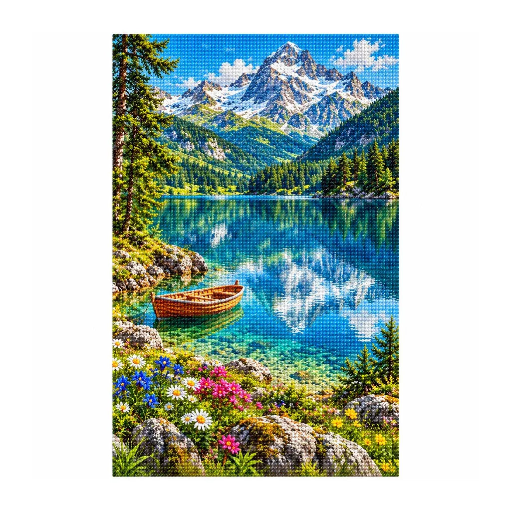 White-background finished diamond painting of Bavarian Alpine Lake.