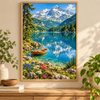 Framed Bavarian Alpine Lake diamond painting displayed as home decor.
