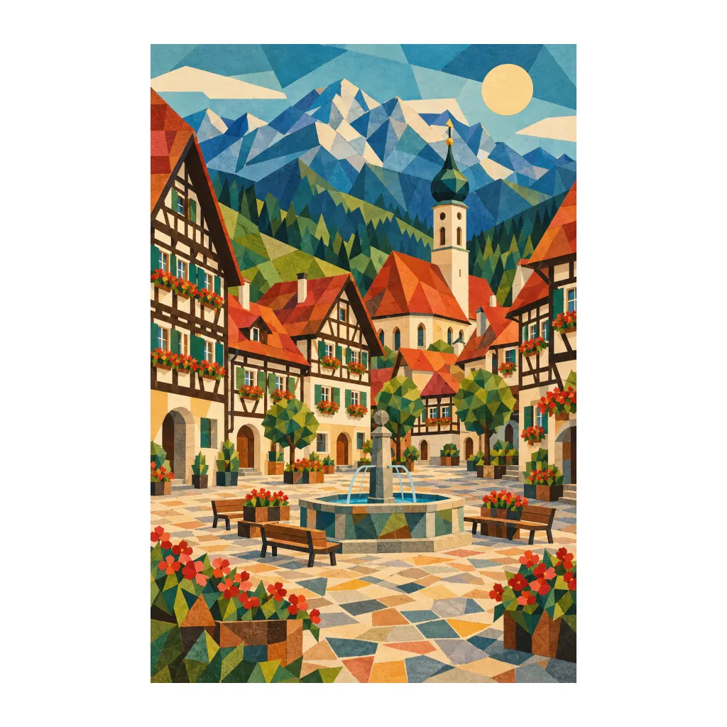 White-background original artwork of a colorful Bavarian alpine village lane with timbered houses and distant peaks