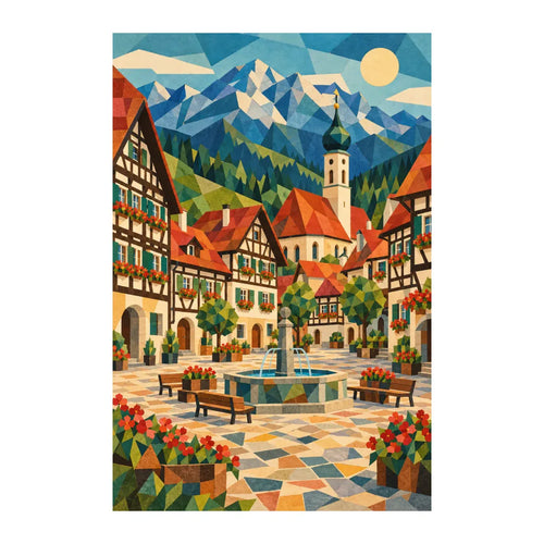 White-background original artwork of a colorful Bavarian alpine village lane with timbered houses and distant peaks