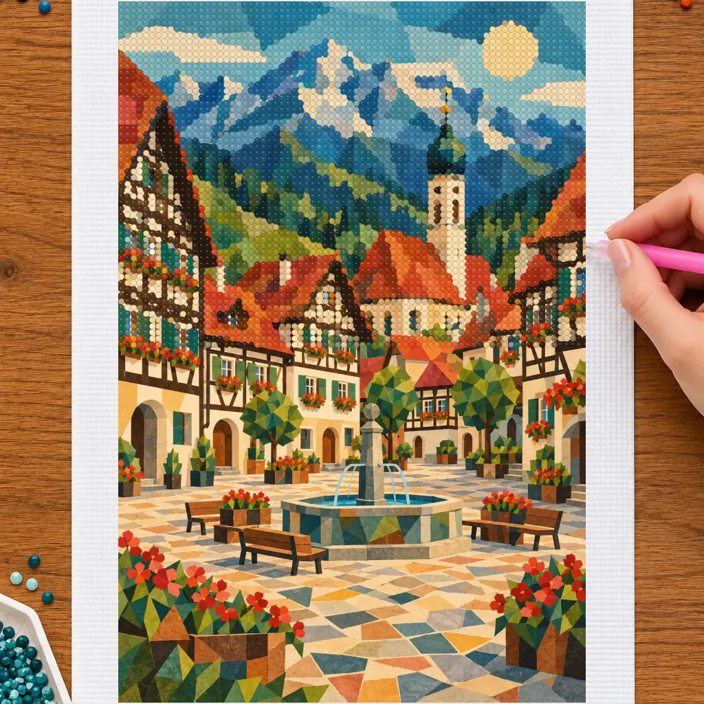 Hands placing drills on the Bavarian alpine village lane diamond painting canvas