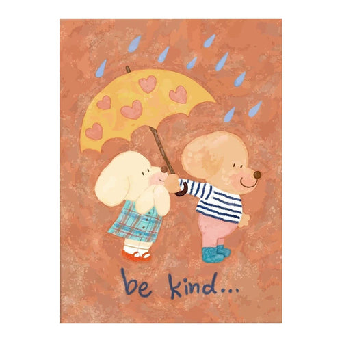 White-background original artwork of two cartoon poodle friends sharing a heart-patterned umbrella with the words Be Kind for a diamond painting kit