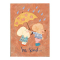 White-background original artwork of two cartoon poodle friends sharing a heart-patterned umbrella with the words Be Kind for a diamond painting kit