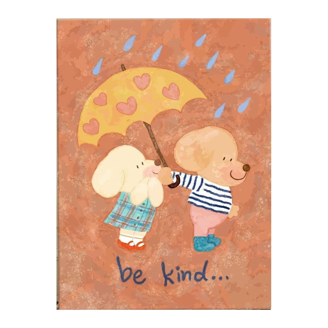 White-background original artwork of two cartoon poodle friends sharing a heart-patterned umbrella with the words Be Kind for a diamond painting kit