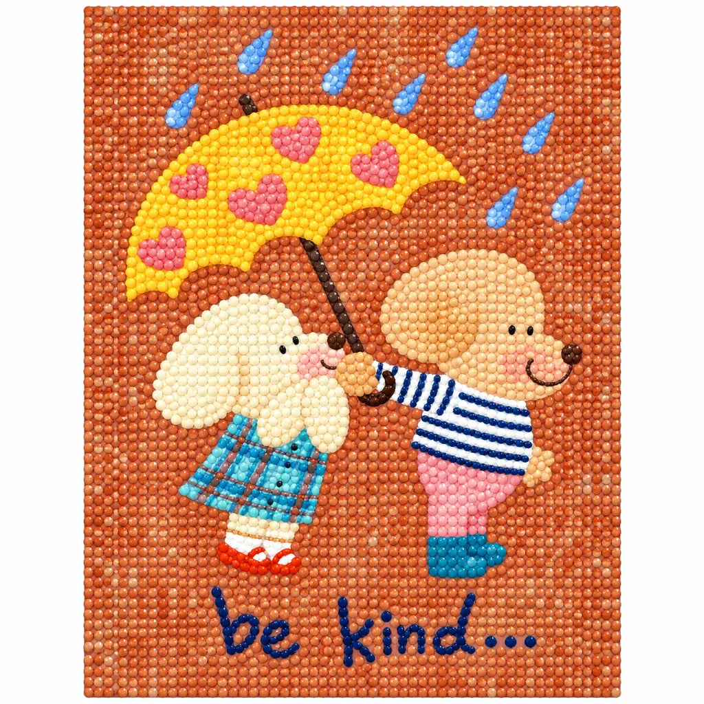 White-background finished diamond painting of two cartoon poodle friends beneath a heart-patterned umbrella with the Be Kind message
