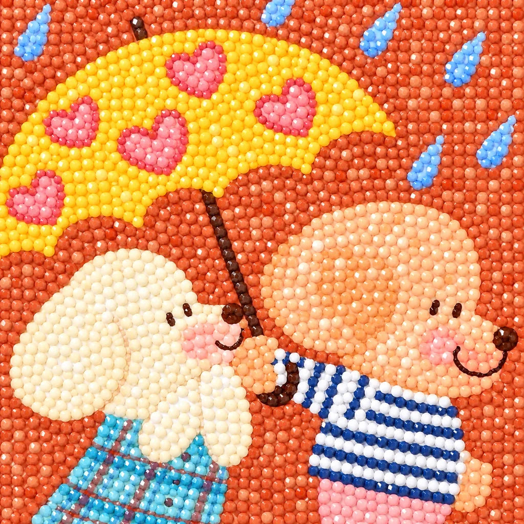 Close-up diamond drill detail of the poodle friends, heart-patterned umbrella, and Be Kind lettering