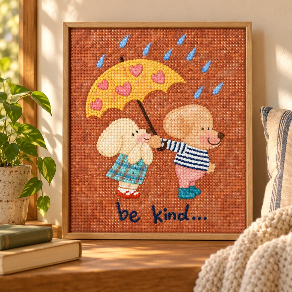 Framed Be Kind poodle friends diamond painting displayed as home decor