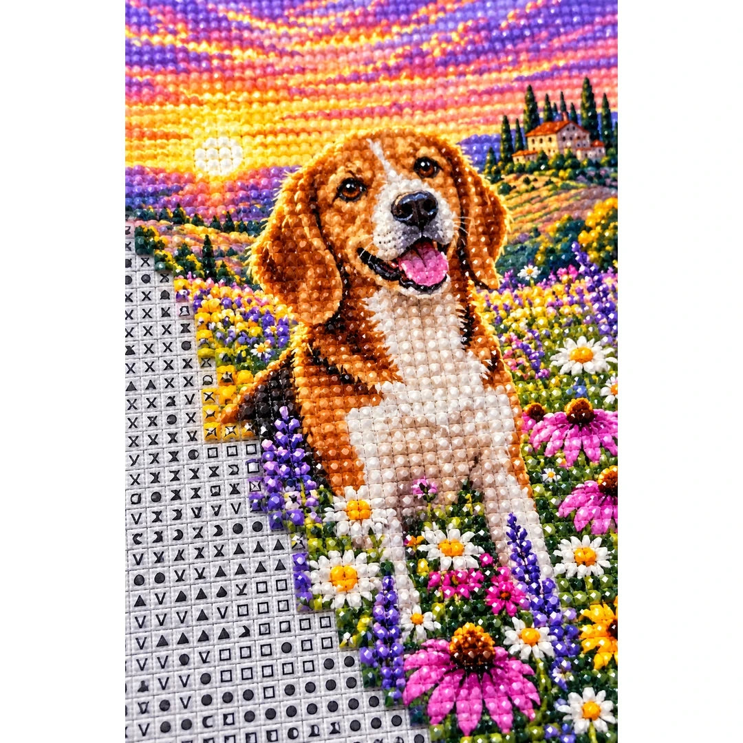 Beagle Wildflower Meadow Diamond Painting Kit — canvas and drill material detail