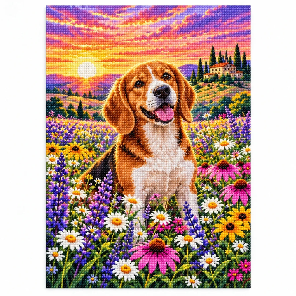 Beagle Wildflower Meadow Diamond Painting Kit — finished diamond painting on white background