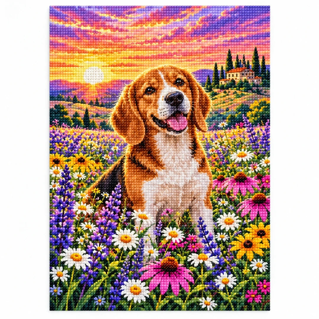 Beagle Wildflower Meadow Diamond Painting Kit — finished diamond painting on white background