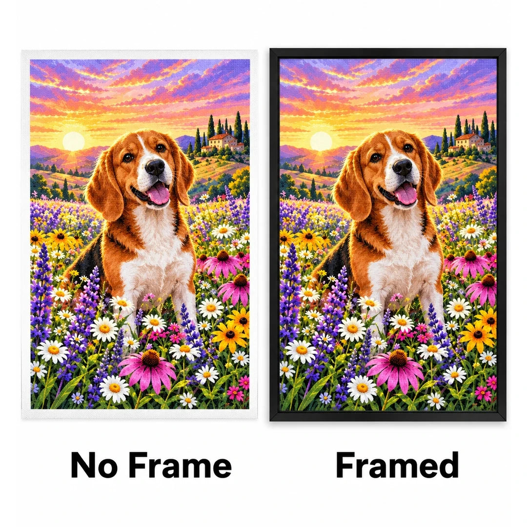 Beagle Wildflower Meadow Diamond Painting Kit — No Frame and Framed style comparison