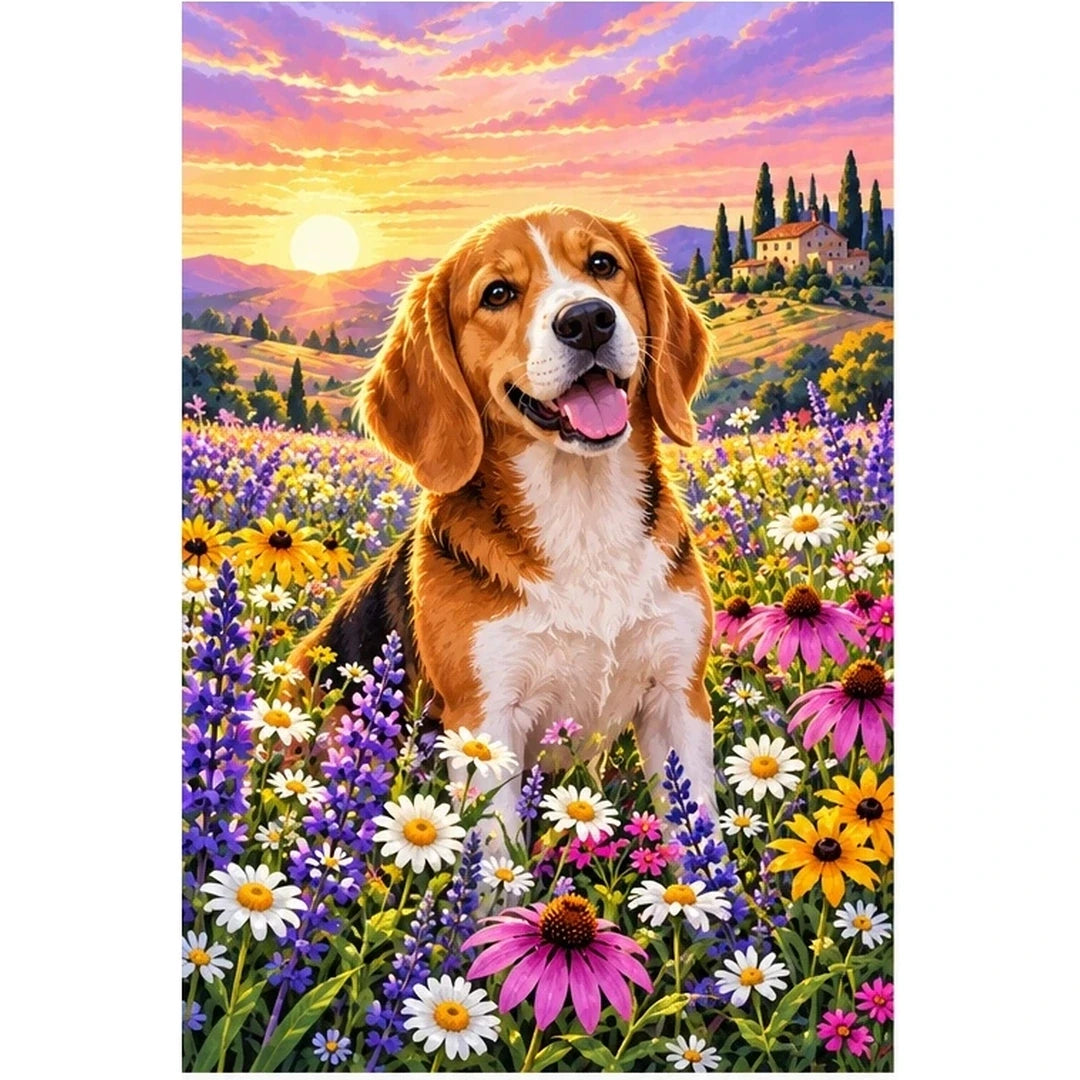 Beagle Wildflower Meadow Diamond Painting Kit — original white-background artwork