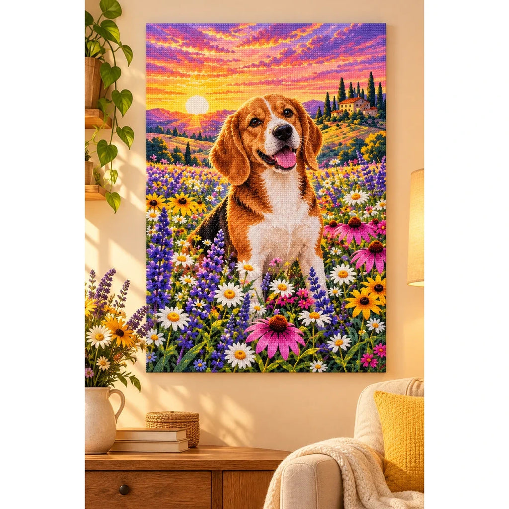 Beagle Wildflower Meadow Diamond Painting Kit — finished diamond painting in a home setting
