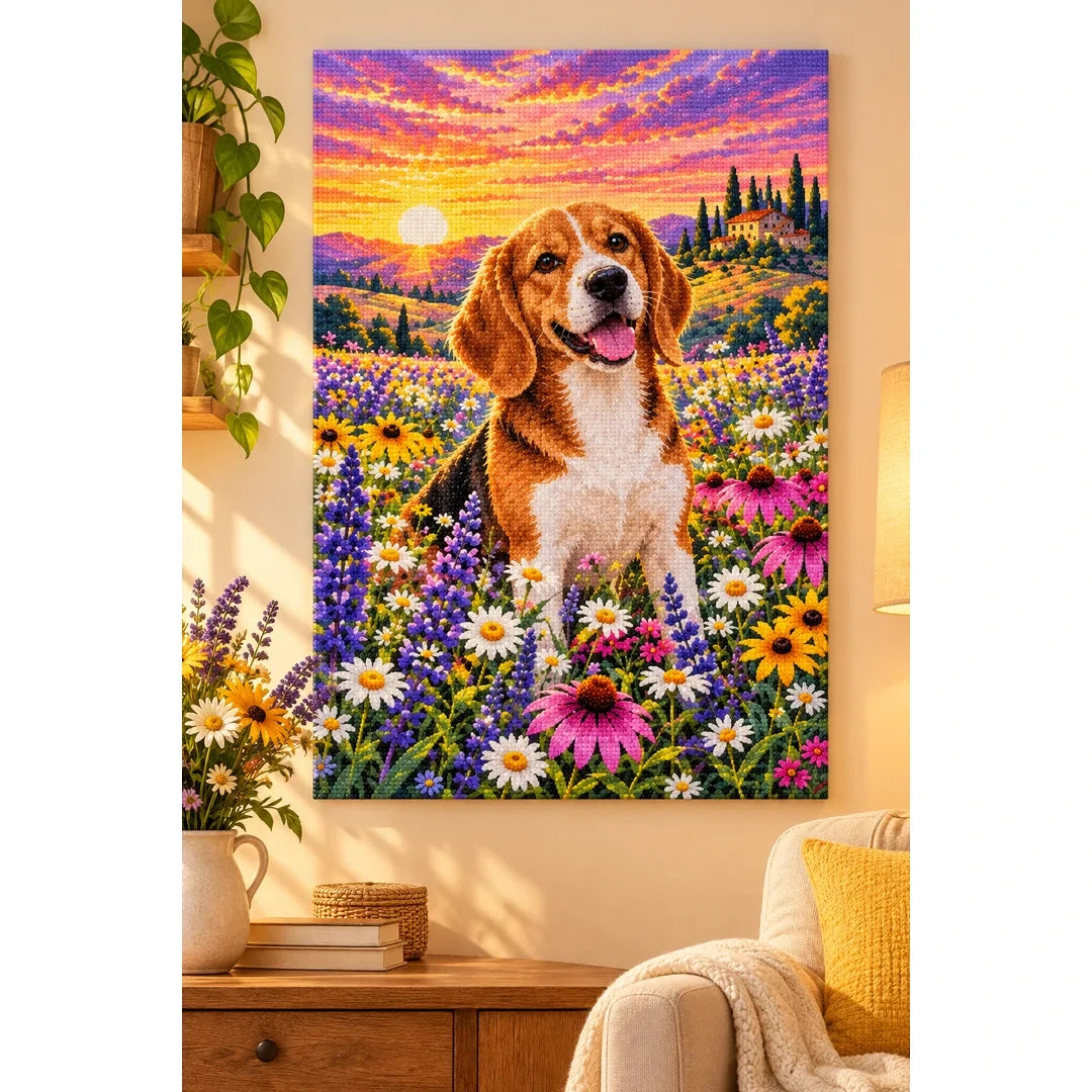 Beagle Wildflower Meadow Diamond Painting Kit — finished diamond painting in a home setting