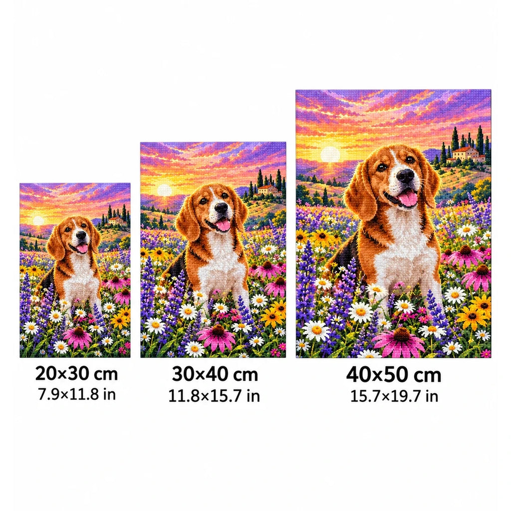 Beagle Wildflower Meadow Diamond Painting Kit — 20 by 30, 30 by 40, and 40 by 50 centimeter size guide